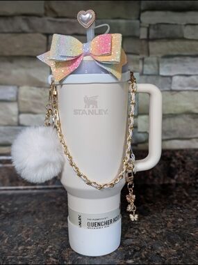 Stanley Cream Travel Mug with Pastel Rainbow Bow & Gold Chain